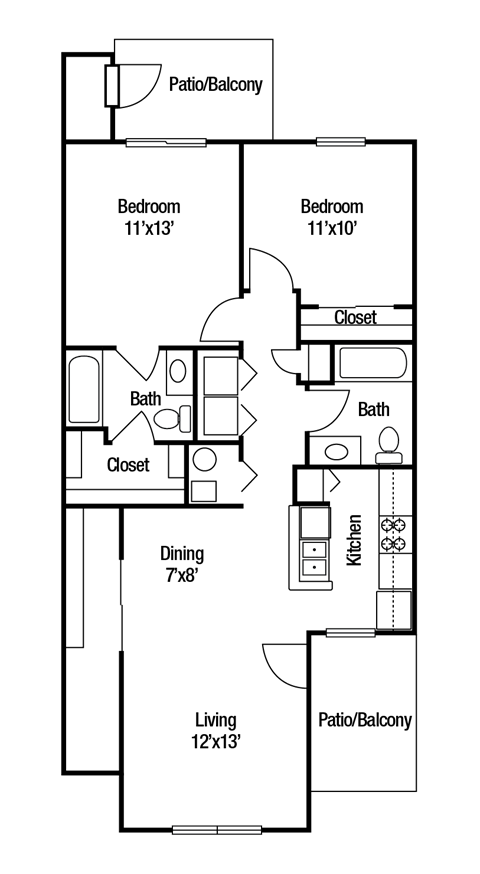 A floor plan of a house with two bedrooms, a living area, a dining area, a kitchen, and two bathrooms.